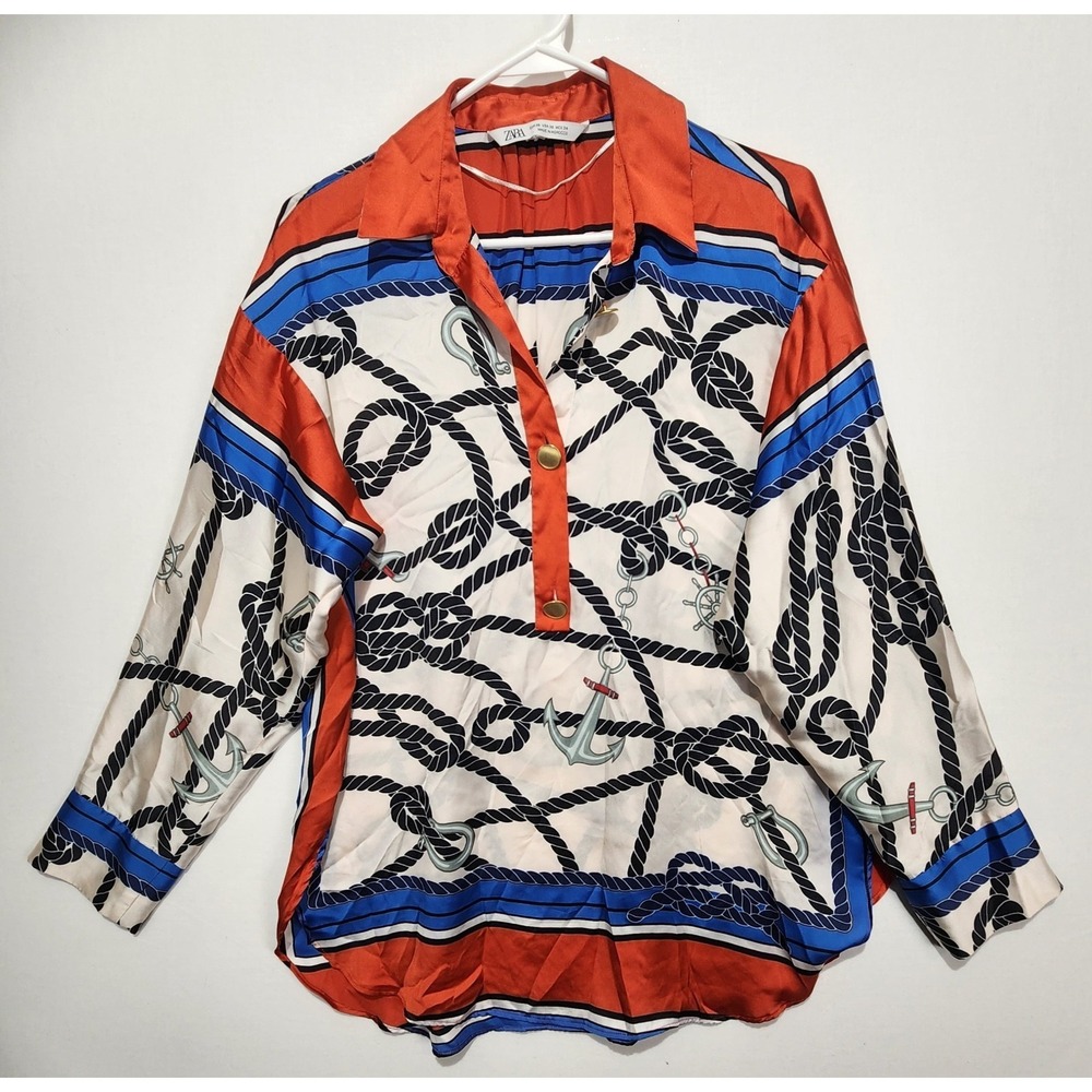 Zara Women's Multicolor Navy Print Long Sleeve Elegant Blouse Size XS